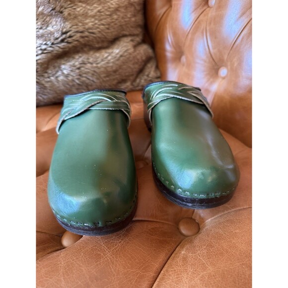 Sven Clog Master Women Eu 41 Green Leather Woven Accent Shoes Wooden Slip On - Picture 4 of 11
